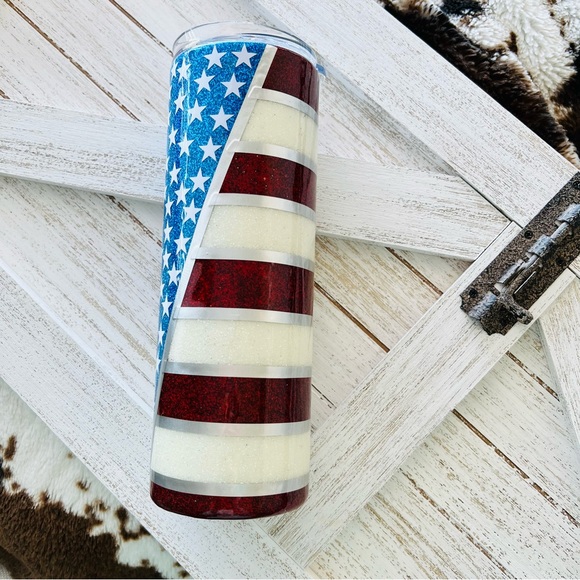 20oz Skinny Straight Tumbler American Flag Glitter Travel Mug Custom Cup America - Picture 2 of 6